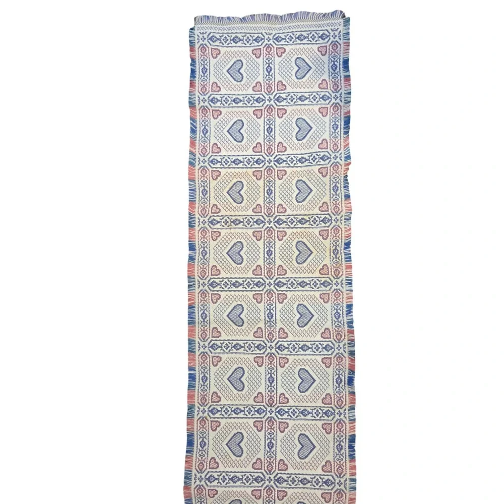 Vtg Woven Heart Table Runner Blue Red White Farmhouse Fringed 14.5x70